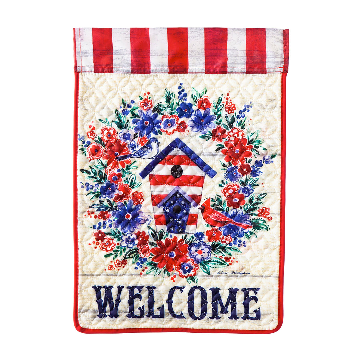 Birdhouse Wreath Garden Quilted Flag