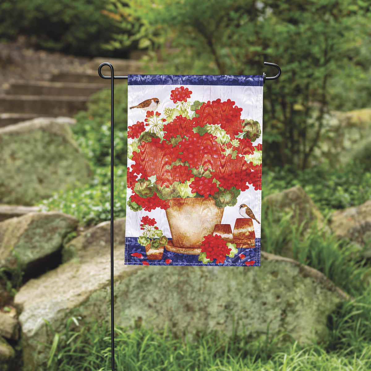 Red Geraniums Moire Garden Flag