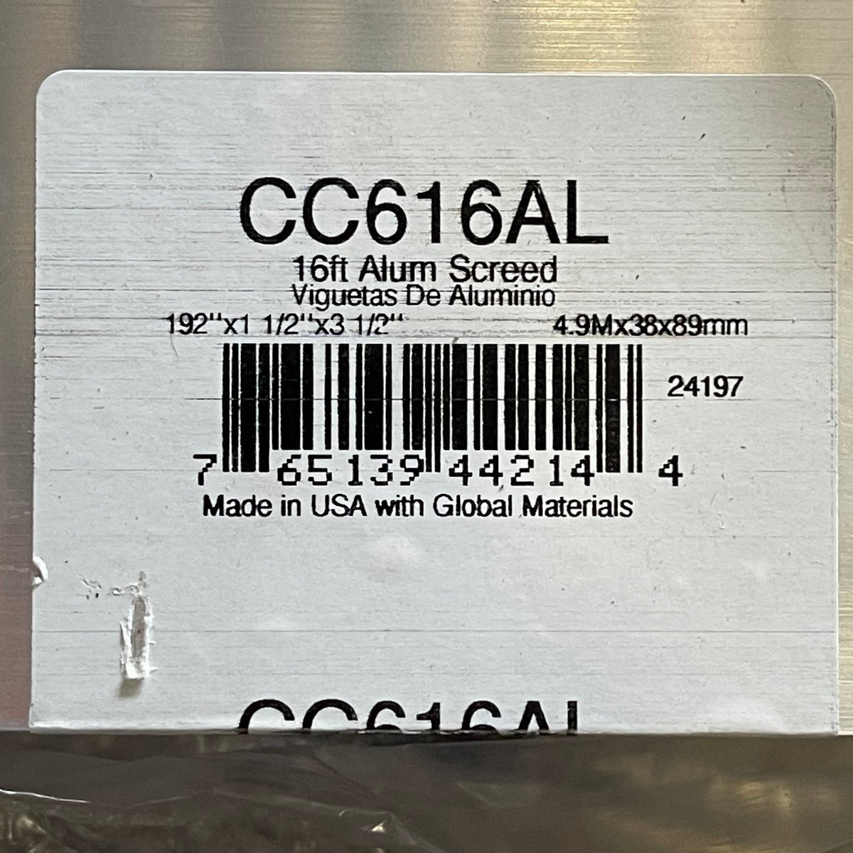 KRAFT TOOL CO. Striker Screed 192”x3-1/2”x1-1/2” ALUMINUM CC616AL