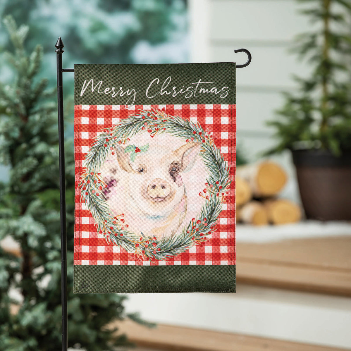 Merry Christmas Pig Burlap Garden Flag